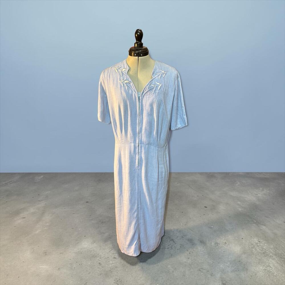 1940s Powder Blue Rayon Day Dress Embroidered Swallows Zip Front Herbert Levy